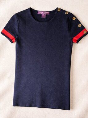 Ralph Lauren Purple Label Cashmere Short Sleeve Sweater Navy Red Trim Button Sho